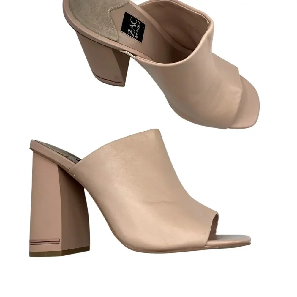 Zac Posen Nude Leather Slip One Mules Chunky Heel Women’s Shoes 9 Peep Toe Y2K